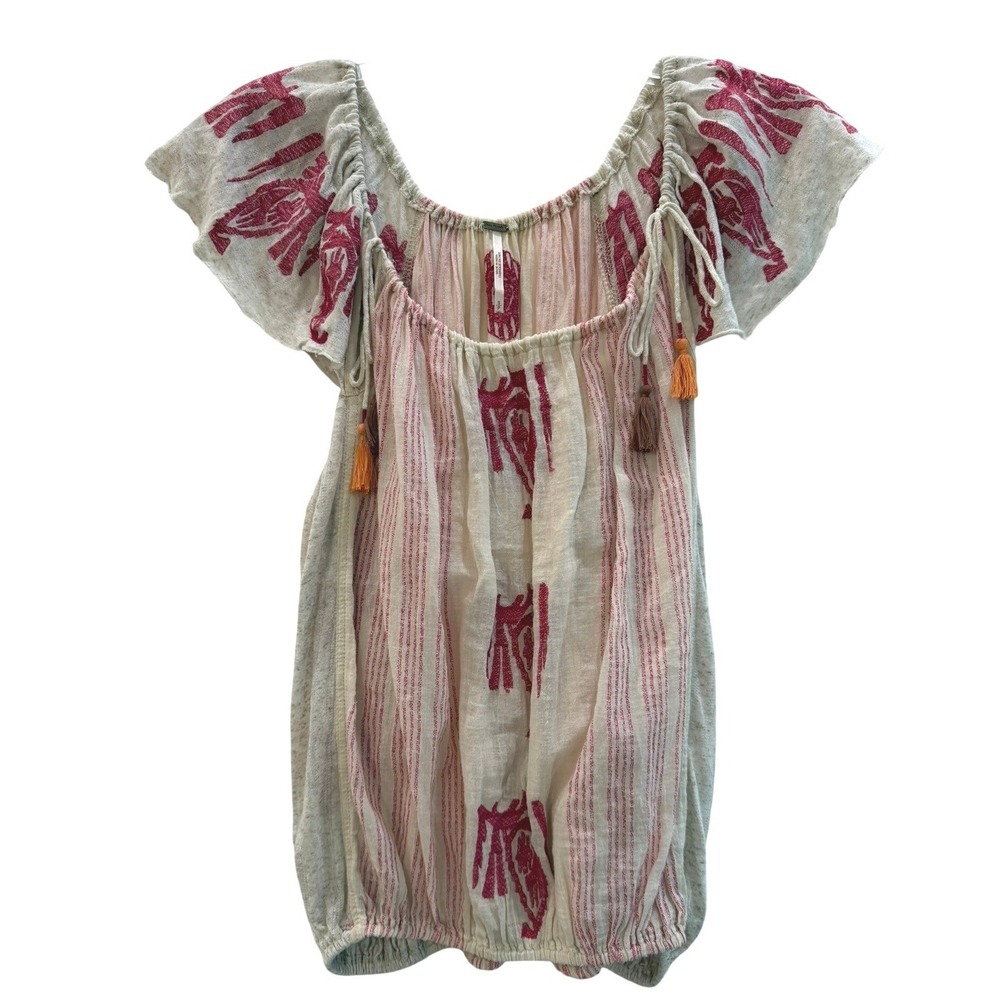 Free People Pukka Embroidered Boho Peasant Cotton Top Tassel Flutter Sleeve S